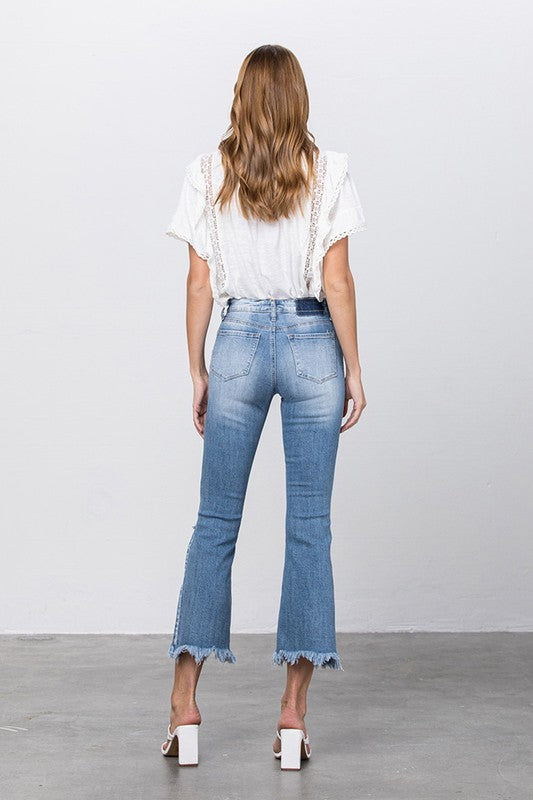 Women's Distressed Mid Rise Crop Flare Jeans