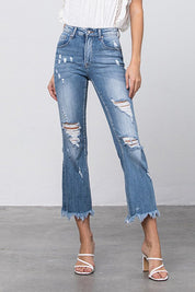 Women's Distressed Mid Rise Crop Flare Jeans