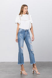 Women's Distressed Mid Rise Crop Flare Jeans