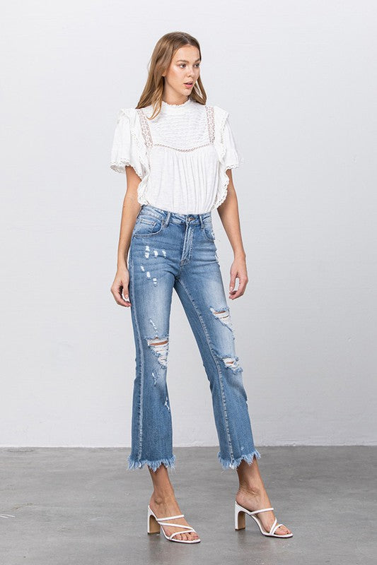 Women's Distressed Mid Rise Crop Flare Jeans