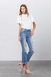 Women's Distressed Mid Rise Crop Flare Jeans