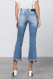 Women's Distressed Mid Rise Crop Flare Jeans