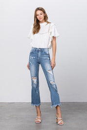 Women's Distressed Mid Rise Crop Flare Jeans