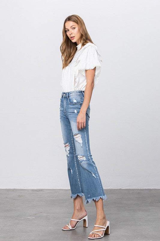 Women's Distressed Mid Rise Crop Flare Jeans