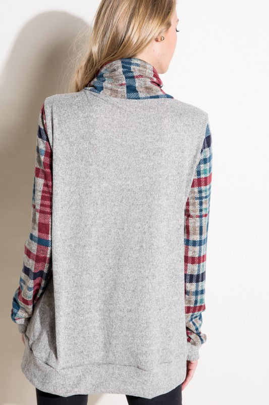 Women's Casual Plaid Mixed Turtle Neck Sweatshirt