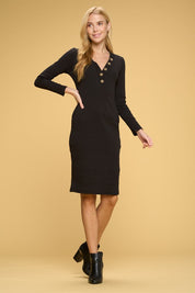 Women's Bodycon Midi Dress with Buttons in Cotton Rib Knit