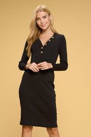 Women's Bodycon Midi Dress with Buttons in Cotton Rib Knit