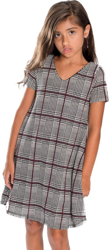 Girls' V-Neck Plaid Party Dress