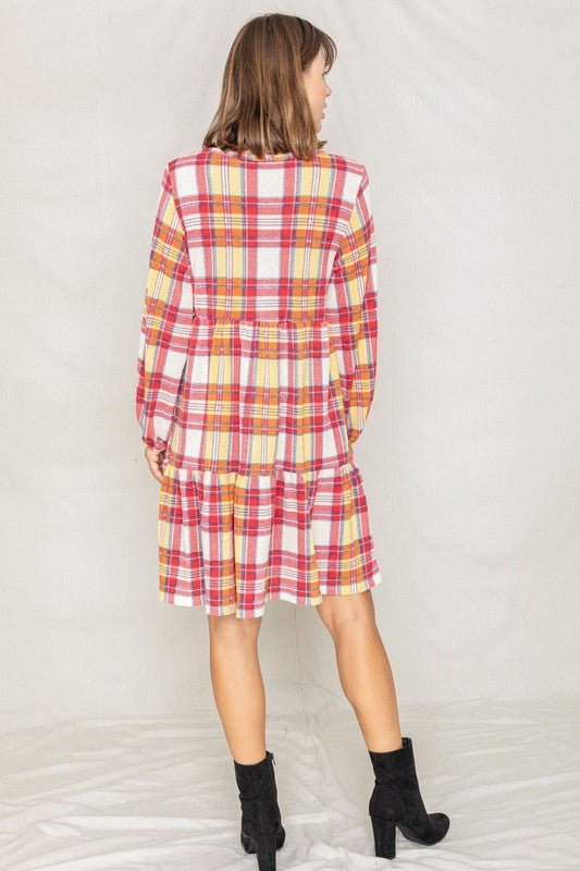 Plaid Balloon Sleeve Tiered Midi Dress