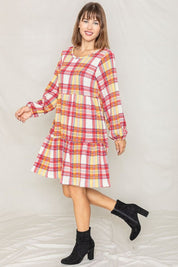 Plaid Balloon Sleeve Tiered Midi Dress