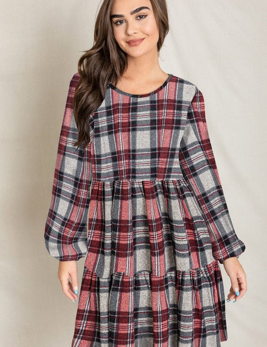 Plaid Balloon Sleeve Tiered Midi Dress