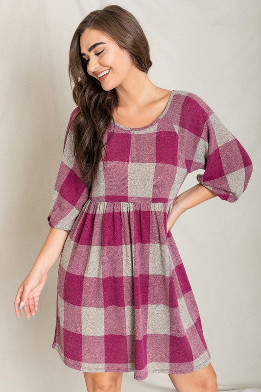 Women's Checker Balloon Sleeve Midi Dress