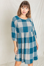 Women's Checker Balloon Sleeve Midi Dress