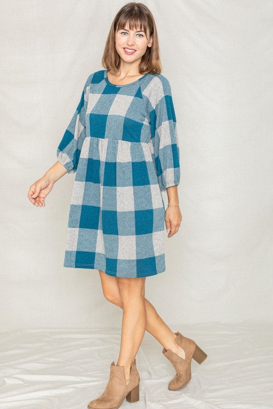 Checker Balloon Sleeve Midi Dress