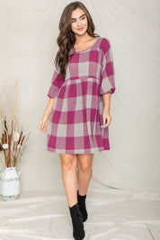 Women's Checker Balloon Sleeve Midi Dress