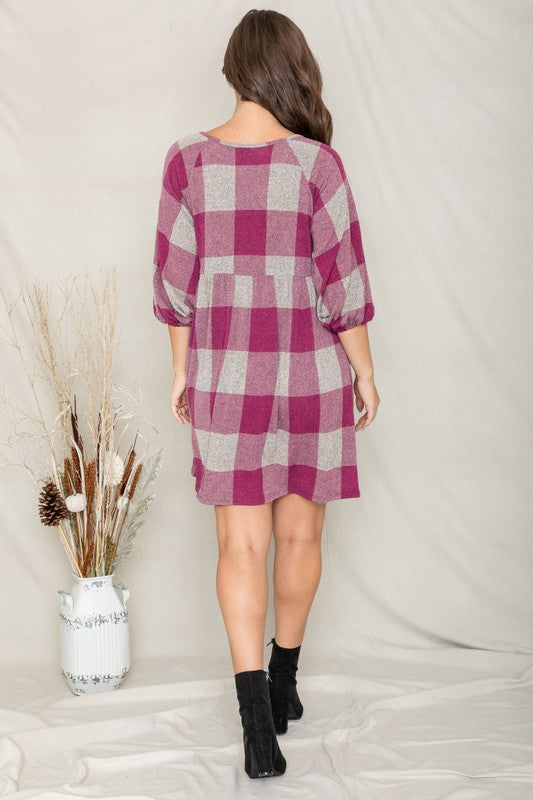 Women's Checker Balloon Sleeve Midi Dress