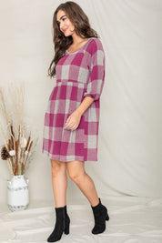 Women's Checker Balloon Sleeve Midi Dress