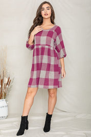 Checker Balloon Sleeve Midi Dress