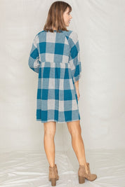 Women's Checker Balloon Sleeve Midi Dress