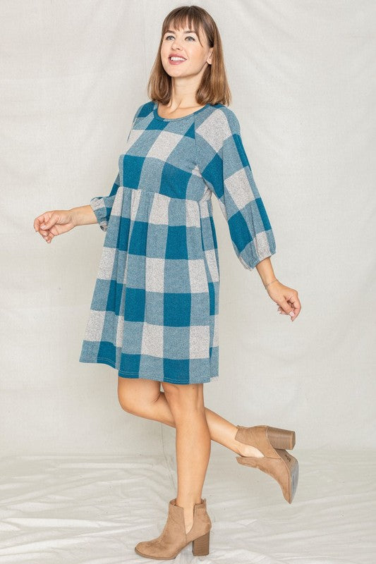 Women's Checker Balloon Sleeve Midi Dress