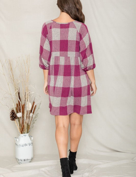 Checker Balloon Sleeve Midi Dress