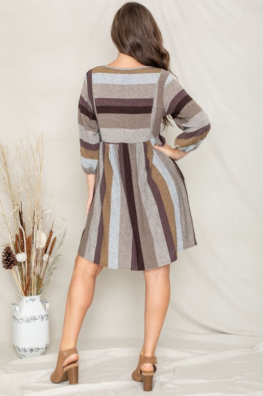 Women's Balloon Sleeve Striped Midi Dress