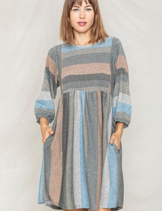 Mix Stripe Balloon Sleeve Midi Dress