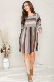 Mix Stripe Balloon Sleeve Midi Dress