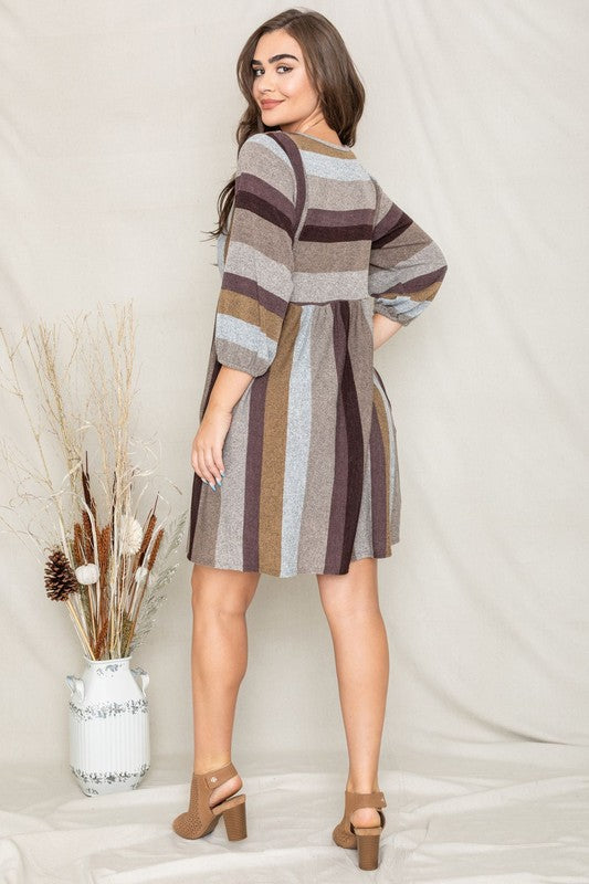 Women's Balloon Sleeve Striped Midi Dress