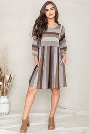 Women's Balloon Sleeve Striped Midi Dress