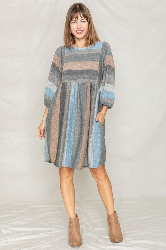 Women's Balloon Sleeve Striped Midi Dress