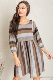 Women's Balloon Sleeve Striped Midi Dress