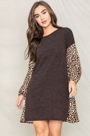 Women's Color Block Leopard Print Bishop Sleeve Dress