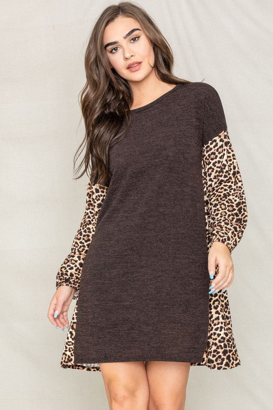 Women's Color Block Leopard Print Bishop Sleeve Dress
