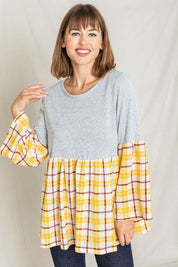 Women's Bell Sleeve Plaid Tunic Top