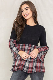 Women's Bell Sleeve Plaid Tunic Top