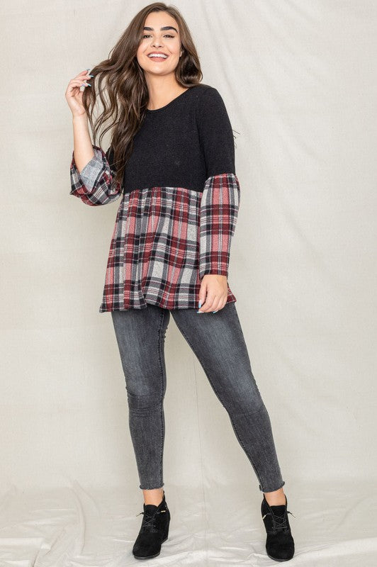 Women's Bell Sleeve Plaid Tunic Top