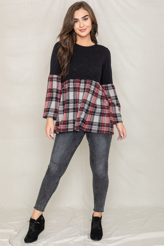 Women's Bell Sleeve Plaid Tunic Top