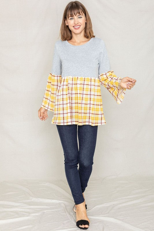 Women's Bell Sleeve Plaid Tunic Top