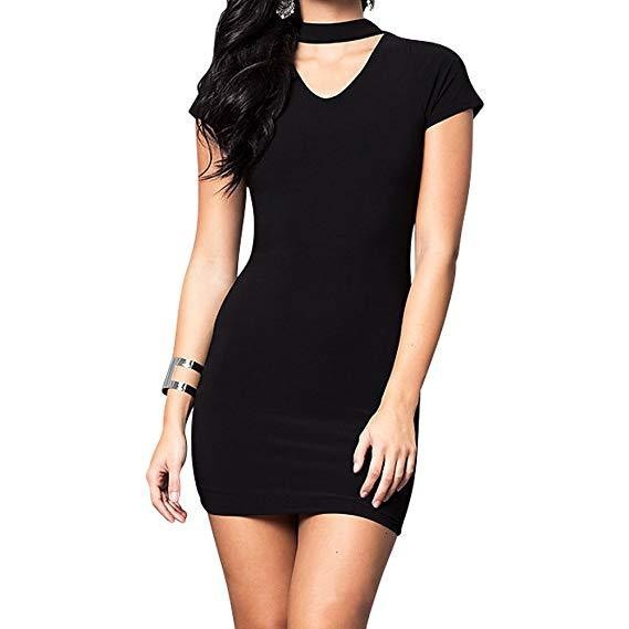 Juniors V-Neck Mini Dress with Choker Neckline