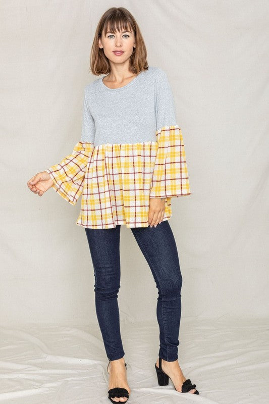 Women's Bell Sleeve Plaid Tunic Top