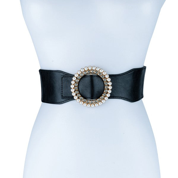 Women's Casual Pearl and Rhinestone Buckle Wide Belt