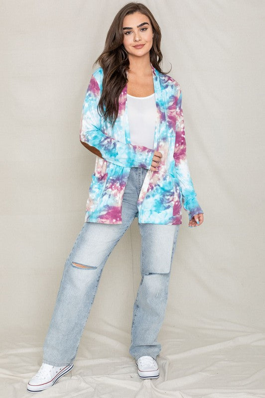 Women's Tie Dye Open Cardigan with Elbow Patches