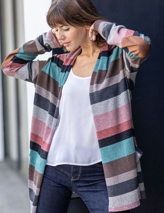 Women's Plus Suede Elbow Patch Open Cardigan with Pockets