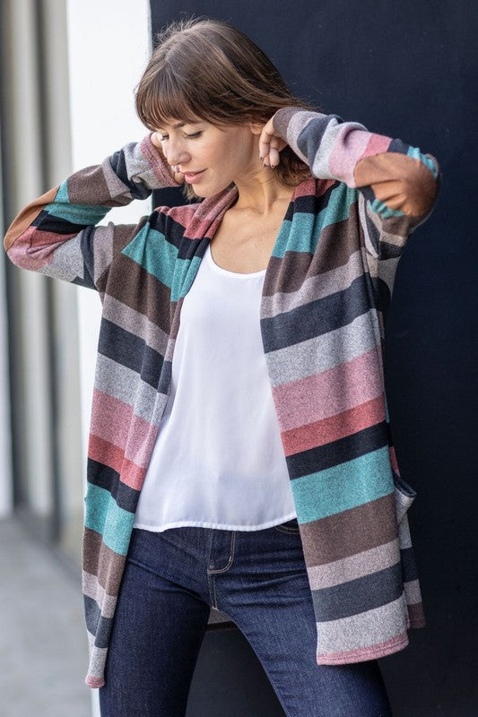 Women's Plus Suede Elbow Patch Open Cardigan with Pockets