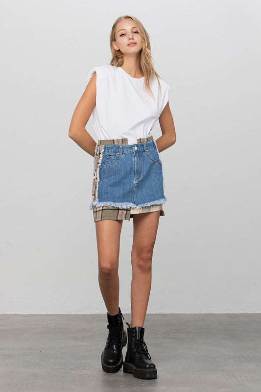 Women's High Waist Plaid Checker Mini Denim Skirt