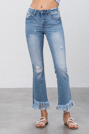 Women's Mid Rise Frayed Hem Crop Flare Jeans