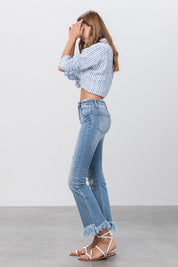 Women's Mid Rise Frayed Hem Crop Flare Jeans