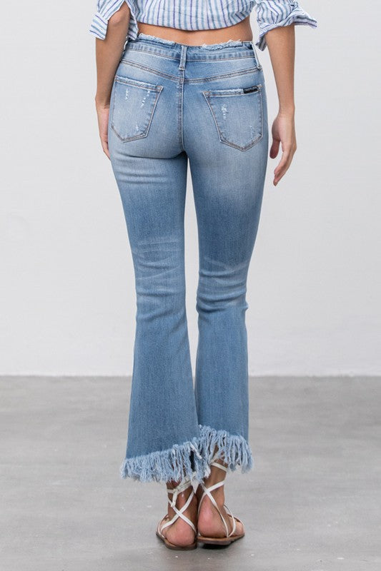 Women's Mid Rise Frayed Hem Crop Flare Jeans