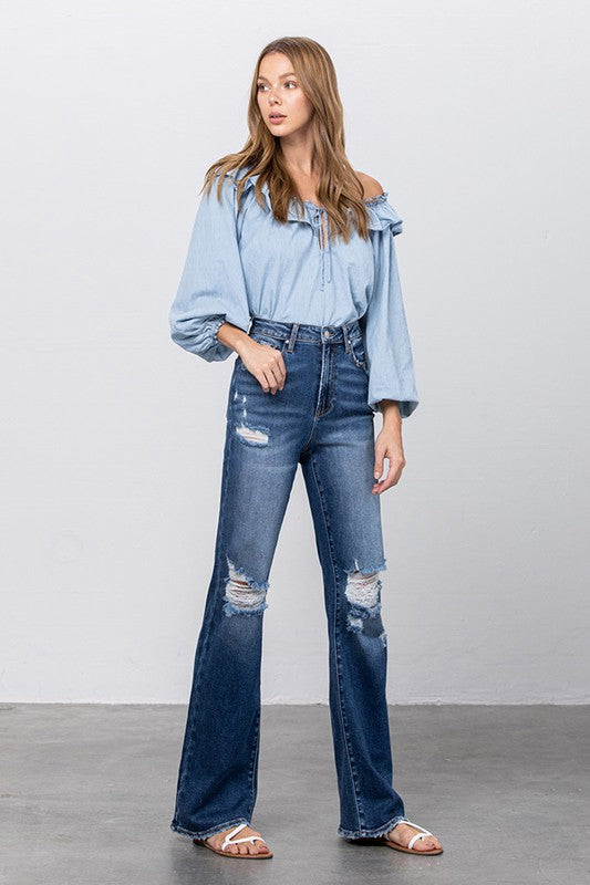 Women's High Rise Frayed Hem Flare Jeans